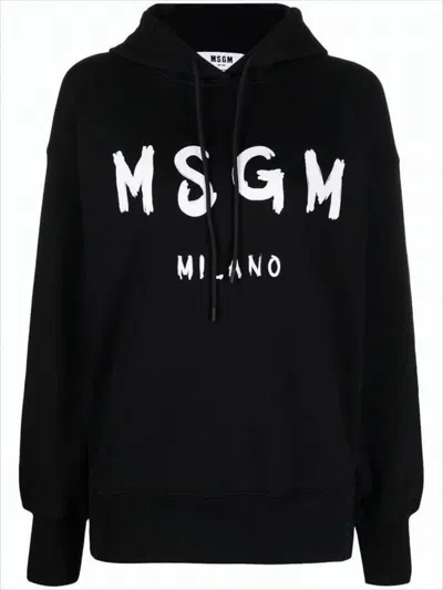 Msgm Relaxed Fit Black Hoodie With Bold Lettering In Black