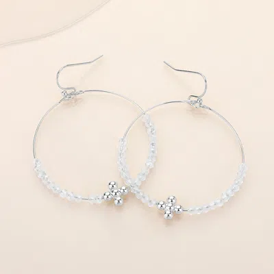 Fashnzfab Metal Flower Faceted Beaded Open Ring Dangle Earrings - Rhodium In Silver