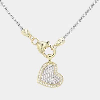 Fashnzfab 14k Gold Plated Two Tone Cz Stone Paved Heart Pendant Necklace In Gold