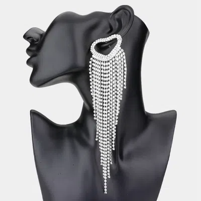 Fashnzfab Open Heart Accented Rhinestone Fringe Dangle Evening Earrings - Rhodium In Metallic