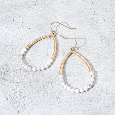 Fashnzfab Hammered Metal Stone Beaded Open Teardrop Dangle Earrings - Howlite In Gold