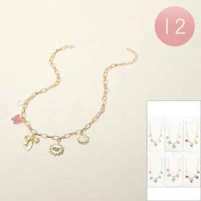 Fashnzfab 12pcs - Pearl Beaded Heart Metal Bow Evil Eye Shell Enamel Butterfly Charm Station Paperclip Chain N In Gold