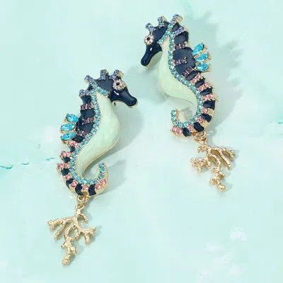 Fashnzfab Coral Dangle Enamel Seahorse Statement Earrings - Blue In Blue