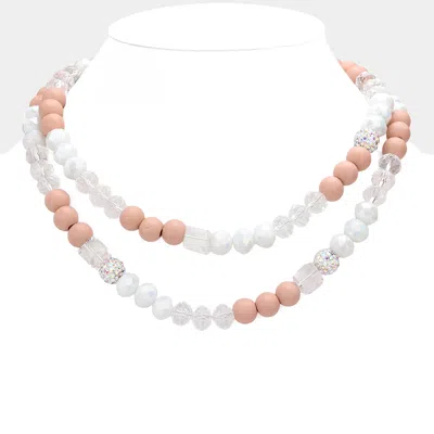 Fashnzfab Shamballa Wood Ball Faceted Beaded Double Layered Necklace In Pink