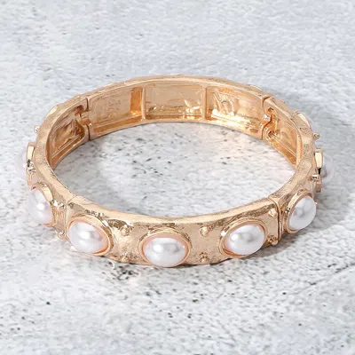 Fashnzfab Square Pearl Bead Embellished Hammered Metal Stretch Bracelet Cream In Gold