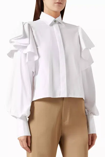 No Pise La Grama La Sabana Ruffle Long Sleeve Shirt In White In White