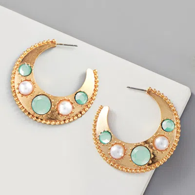 Fashnzfab Pearl Bead Embellished Metal Hoop Earrings - Mint In Gold