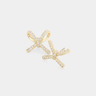 Fashnzfab 14k Gold Plated Cz Stone Paved Bow Stud Earrings - Gold In Gold