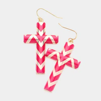 Fashnzfab Chevron Patterned Cross Dangle Earrings - Fuchsia In Pink