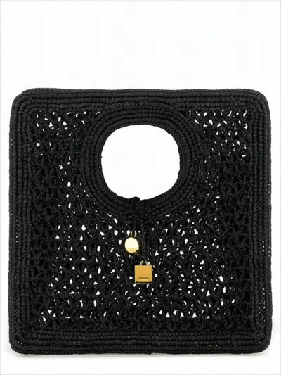 Jacquemus Intricately Woven Raffia Tote Bag With Cut-out Handle In Black