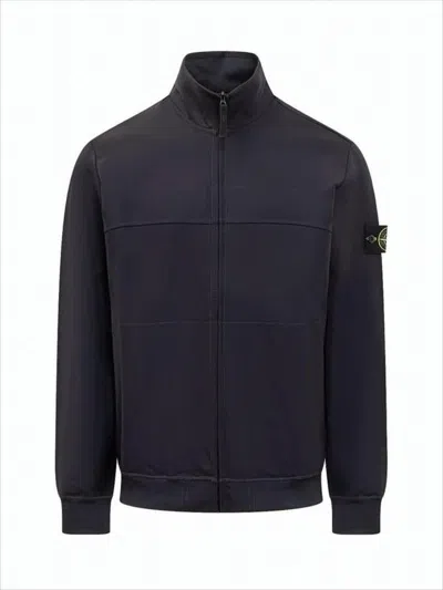 Stone Island High Collar Jacket With Zipper And Distinctive Patch In Blue