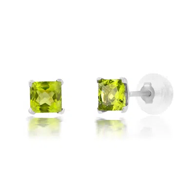 Maxcolor 14k White Gold Square Princess Cut 4mm Gemstone Stud Earrings In Green