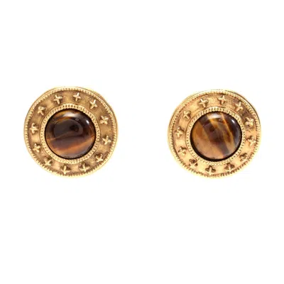 Pre-owned Chanel Gold Plated Tiger Eye Earrings