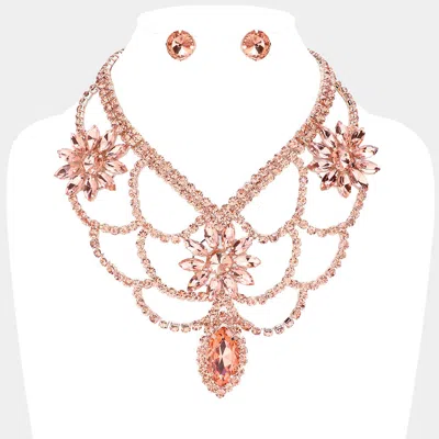 Fashnzfab Floral Marquise Stone Accented Draped Evening Necklace In Pink