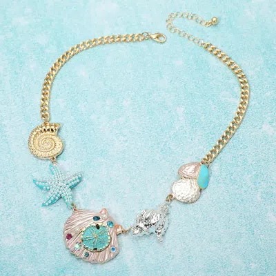 Fashnzfab Pearl Studded Starfish Seashell Charm Link Statement Necklace In Gold