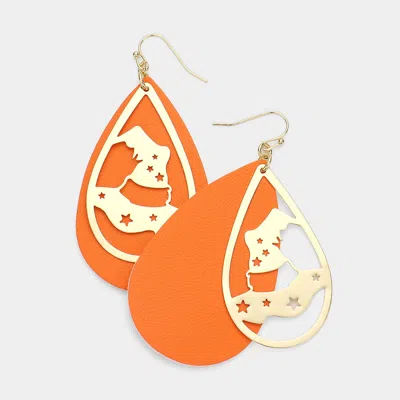 Fashnzfab Metal Witch Hat Accented Faux Leather Teardrop Layered Dangle Earrings - Orange In Gold