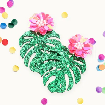 Fashnzfab Flower Glittered Tropical Leaf Link Dangle Earrings - Green, Pink In Green