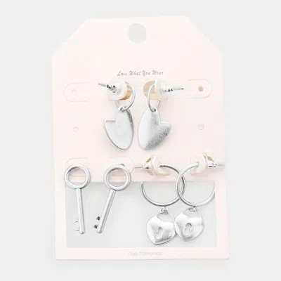Fashnzfab 3pairs - Metal Heart Key Lock Dangle Earrings - Worn Silver In Metallic