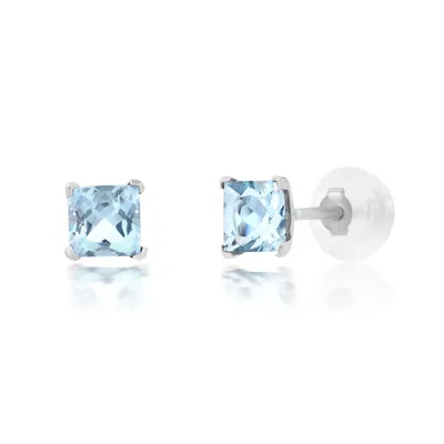 Maxcolor 14k White Gold Square Princess Cut 4mm Gemstone Stud Earrings In Blue