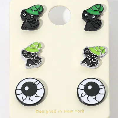 Fashnzfab 3pairs - Halloween Black Cat Eyeball Stud Earring Set - Black, Green In Green