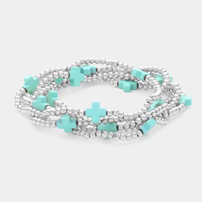 Fashnzfab 5pcs - Cross Pointed Metal Ball Beaded Stretch Multi Layered Bracelets In Metallic