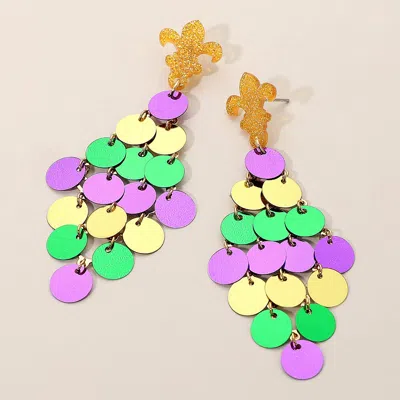 Fashnzfab Fleur De Lis Accent Mardi Gras Sequin Chandelier Statement Earrings - Gold, Multi In Multi