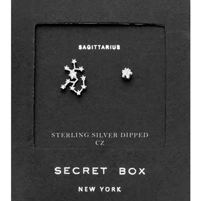 Fashnzfab Secret Box_sterling Silver Dipped Cz Stone Paved Sagittarius Zodiac Sign Stud Earrings - Silver In Silver