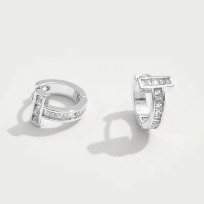 Fashnzfab White Gold Dipped Cz Stone Inlay T-bar Mini Huggie Hoop Earrings - Silver In Silver