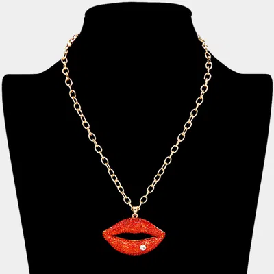 Fashnzfab Rhinestone Paved Lip Pendant Necklace 18" L + 3" L In Multi