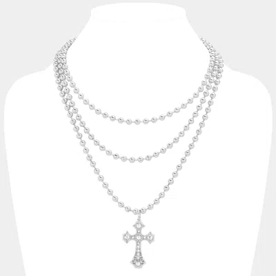 Fashnzfab Secret Box_stone Pointed Cross Pendant Bubble Chain Triple Layered Necklace In Metallic