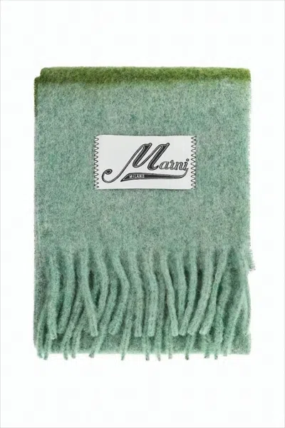 Marni Textured Color-block Scarf With Fringed Edges In Green