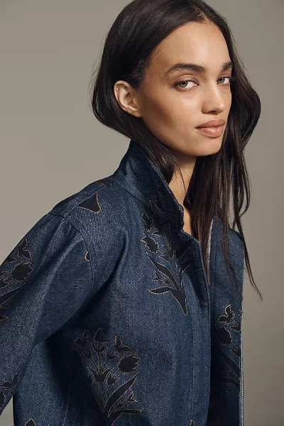 Sz Blockprints Floral Denim Open-front Jacket In Blue