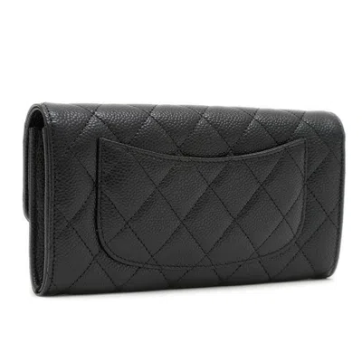Pre-owned Chanel Black Grained Calfskin Long Wallet (tri-fold) ()
