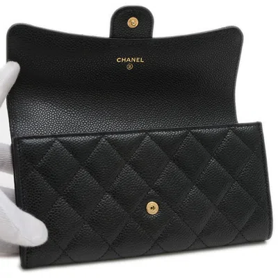 Pre-owned Chanel Black Grained Calfskin Long Wallet (tri-fold) ()