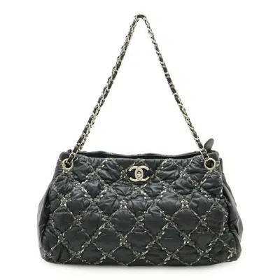 Pre-owned Chanel Black Gray Nylon Leather Shoulder Bag Tote Bag () In Multi