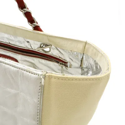 Pre-owned Chanel Ivory Navy Red Color Silver Canvas Leather Shoulder Bag Tote Bag ()