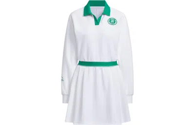 Adidas Originals (wmns) Adidas Verbiage Long Sleeve Polo Dress Asia Sizing 'white Green' In Multi