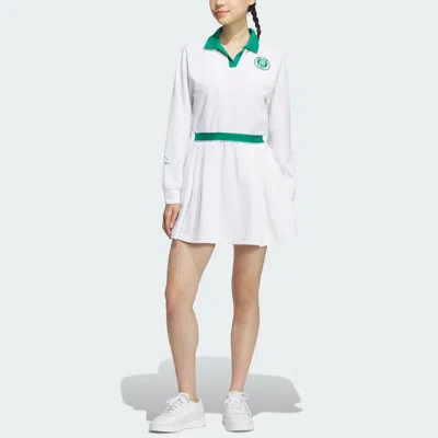 Adidas Originals (wmns) Adidas Verbiage Long Sleeve Polo Dress Asia Sizing 'white Green' In Multi
