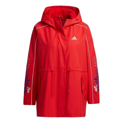 Adidas Originals (wmns) Adidas Cny Jkt Warm New Year Series Sports Printing Pattern Hooded Fleece Lined Jacket Red