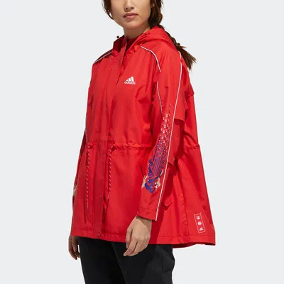 Adidas Originals (wmns) Adidas Cny Jkt Warm New Year Series Sports Printing Pattern Hooded Fleece Lined Jacket Red