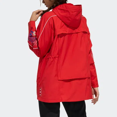 Adidas Originals (wmns) Adidas Cny Jkt Warm New Year Series Sports Printing Pattern Hooded Fleece Lined Jacket Red