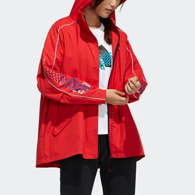 Adidas Originals (wmns) Adidas Cny Jkt Warm New Year Series Sports Printing Pattern Hooded Fleece Lined Jacket Red