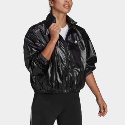 Adidas Originals (wmns) Adidas Wvn Jacket Logo Printing Glossy Stand Up Collar Jacket Coat Black