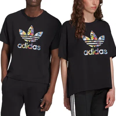 Adidas Originals (wmns)  Love Unites Tre Casual Breathable Fabric Multi-color Logo Sport Short Sleeve In Black