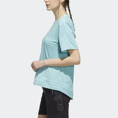 Adidas Originals (wmns) Adidas Neo Logo Printing Training Sports Loose Round Neck Short Sleeve Blue In Green