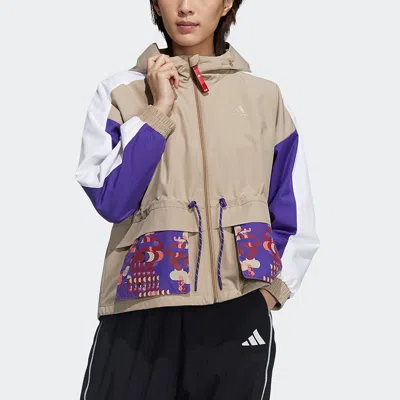 Adidas Originals (wmns) Adidas Cny Jkt New Year Series Patchwork Print Pattern Sports Hooded Jacket Khaki Brown In Multi