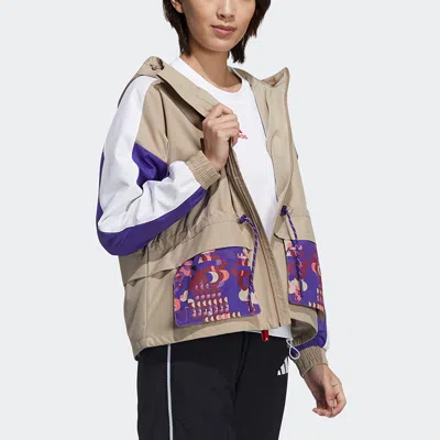 Adidas Originals (wmns) Adidas Cny Jkt New Year Series Patchwork Print Pattern Sports Hooded Jacket Khaki Brown In Multi