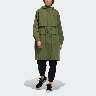 Adidas Originals (wmns) Adidas Tech Jkt Long Casual Sports Fleece Lined Hooded Windbreaker Jacket Military Green