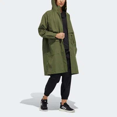 Adidas Originals (wmns) Adidas Tech Jkt Long Casual Sports Fleece Lined Hooded Windbreaker Jacket Military Green