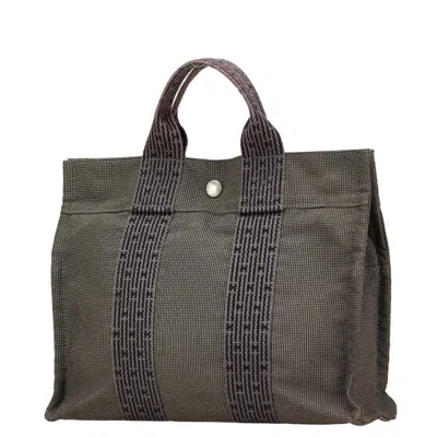 Pre-owned Hermes Her Line Black Gray Canvas Handbag Tote Bag () In Multi